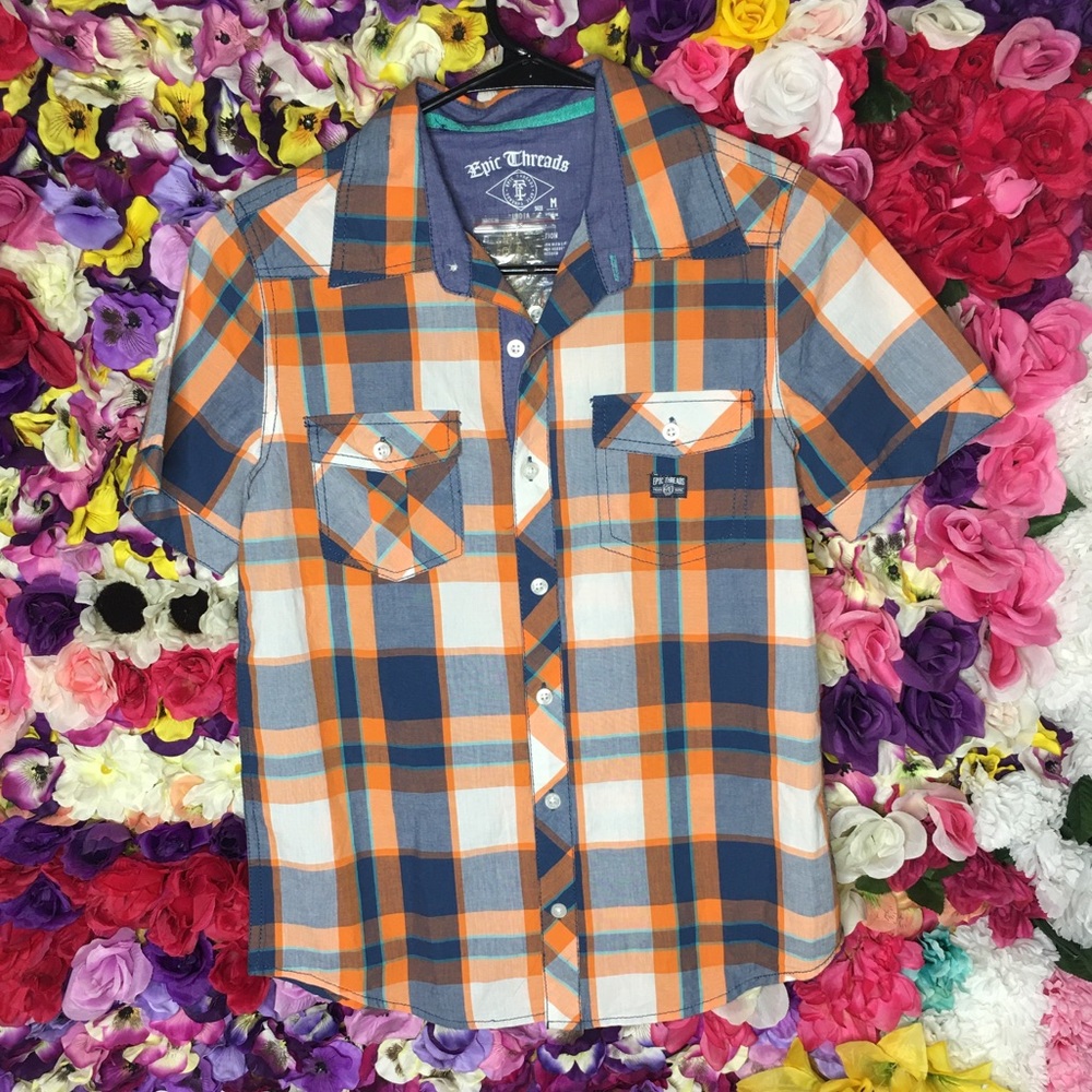 New with tags epic threads plaid shirt blue and orange big kid size medium nwt